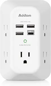 USB Wall Charger Surge Protector 5 Outlet Extender with 4 USB Charging Ports ( 1 USB C Outlet) 3 Sided 1800J Power Strip Multi Plug Outlets Wall Adapter Spaced for Home Travel Office ETL Listed